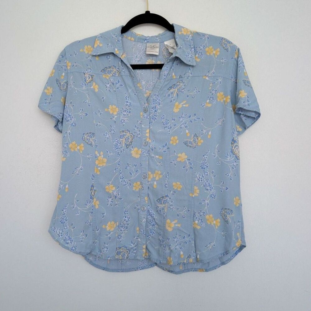 Y2K Floral Short Sleeve Collared Button Up Flowy Shirt Sz 8 Emma & James